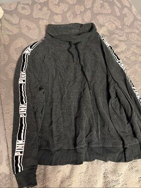PINK Victoria's Secret Charcoal Gray Funnel Neck Pullover with Logo Tape